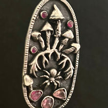 Load image into Gallery viewer, Sterling silver, pink Tourmaline and ruby, Mushroom pendant pendant.
