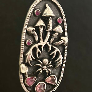 Sterling silver, pink Tourmaline and ruby, Mushroom pendant pendant.