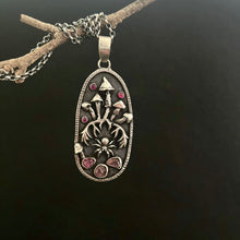Load image into Gallery viewer, Sterling silver, pink Tourmaline and ruby, Mushroom pendant pendant.