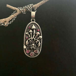 Sterling silver, pink Tourmaline and ruby, Mushroom pendant pendant.