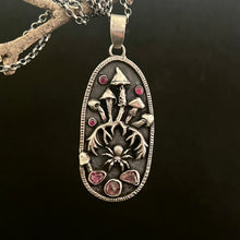 Load image into Gallery viewer, Sterling silver, pink Tourmaline and ruby, Mushroom pendant pendant.
