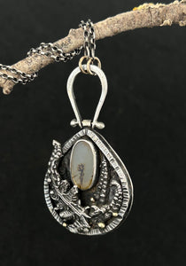 Dendritic agate pedant and chain. Sterling silver with 9k gold accents.