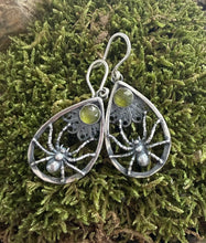 Load image into Gallery viewer, Sterling silver spider earrings.  Amethyst  Handmade oxidised earrings. (Copy)