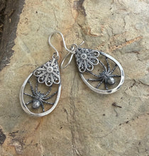 Load image into Gallery viewer, Sterling silver spider earrings.  Amethyst  Handmade oxidised earrings. (Copy)