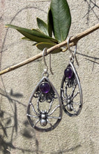 Load image into Gallery viewer, Sterling silver spider earrings.  Amethyst  Handmade oxidised earrings. (Copy)