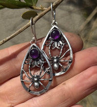 Load image into Gallery viewer, Sterling silver spider earrings.  Amethyst  Handmade oxidised earrings. (Copy)