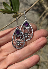 Load image into Gallery viewer, Sterling silver spider earrings.  Amethyst  Handmade oxidised earrings. (Copy)