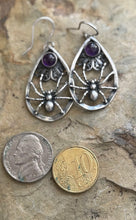 Load image into Gallery viewer, Sterling silver spider earrings.  Amethyst  Handmade oxidised earrings. (Copy)