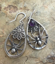 Load image into Gallery viewer, Sterling silver spider earrings.  Amethyst  Handmade oxidised earrings. (Copy)