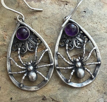Load image into Gallery viewer, Sterling silver spider earrings.  Amethyst  Handmade oxidised earrings. (Copy)