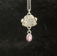 Load image into Gallery viewer, Tiny flower locket with ruby drop.  Sterling silver handmade pendant.