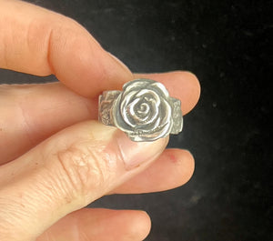 Sterling silver rose ring with hidden skull.  Handmade 'smell the roses'.... today we bloom tomorrow we die ring.