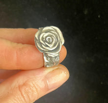 Load image into Gallery viewer, Sterling silver rose ring with hidden skull.  Handmade &#39;smell the roses&#39;.... today we bloom tomorrow we die ring.