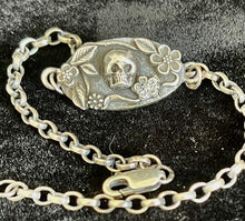 Load image into Gallery viewer, Skull and flower bracelet.  Sterling silver.