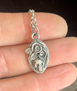 Tiny Skull and rose pendant 1.  Sterling silver, handmade.