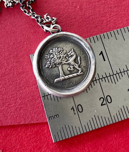 Strength and courage. Oak tree and Lion, Sterling silver heraldry pendant antique was seal impression.