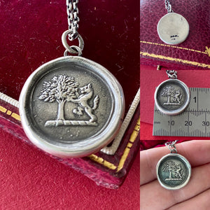 Strength and courage. Oak tree and Lion, Sterling silver heraldry pendant antique was seal impression.