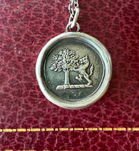 Strength and courage. Oak tree and Lion, Sterling silver heraldry pendant antique was seal impression.
