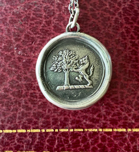 Strength and courage. Oak tree and Lion, Sterling silver heraldry pendant antique was seal impression.