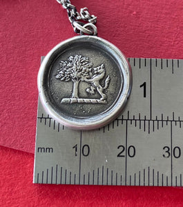 Strength and courage. Oak tree and Lion, Sterling silver heraldry pendant antique was seal impression.
