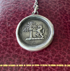 Strength and courage. Oak tree and Lion, Sterling silver heraldry pendant antique was seal impression.