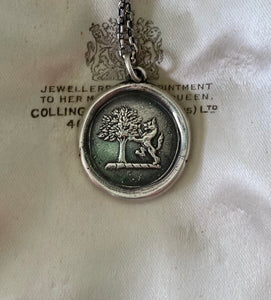 Strength and courage. Oak tree and Lion, Sterling silver heraldry pendant antique was seal impression.