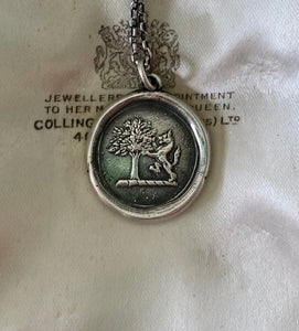 Strength and courage. Oak tree and Lion, Sterling silver heraldry pendant antique was seal impression.
