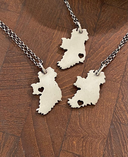 My Heart is in Ireland, choose your County.  Handmade, sterling silver map of Ireland.  Dublin, Wexford, Cork, Belfast, Waterford, Kerry