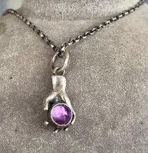 Load image into Gallery viewer, Hand pendant holding a faceted amethyst. Sterling silver handmade stone set pendant.