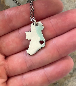 My Heart is in Ireland, choose your County.  Handmade, sterling silver map of Ireland.  Dublin, Wexford, Cork, Belfast, Waterford, Kerry