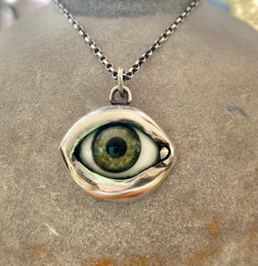 Sterling silver handmade glass eyeball pendant  necklace.  Moss green.