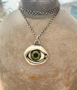 Sterling silver handmade glass eyeball pendant  necklace.  Moss green.