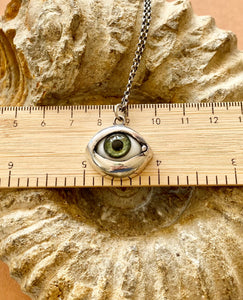 Sterling silver handmade glass eyeball pendant  necklace.  Moss green.