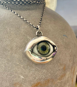 Sterling silver handmade glass eyeball pendant  necklace.  Moss green.