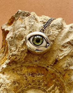 Sterling silver handmade glass eyeball pendant  necklace.  Moss green.