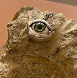 Sterling silver handmade glass eyeball pendant  necklace.  Moss green.