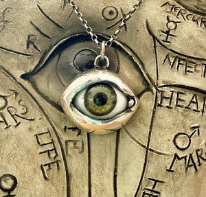 Sterling silver handmade glass eyeball pendant  necklace.  Moss green.