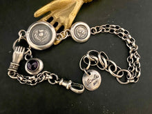 Load image into Gallery viewer, Scottish Victorian inspired bracelet.  Sterling silver, handmade bracelet with thistle charms and an amethyst gem.
