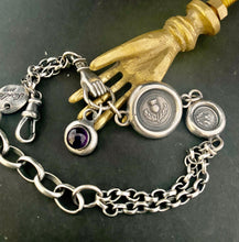 Load image into Gallery viewer, Scottish Victorian inspired bracelet.  Sterling silver, handmade bracelet with thistle charms and an amethyst gem.