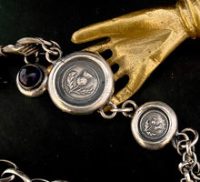 Load image into Gallery viewer, Scottish Victorian inspired bracelet.  Sterling silver, handmade bracelet with thistle charms and an amethyst gem.