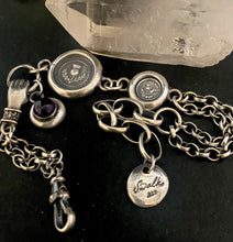 Load image into Gallery viewer, Scottish Victorian inspired bracelet.  Sterling silver, handmade bracelet with thistle charms and an amethyst gem.
