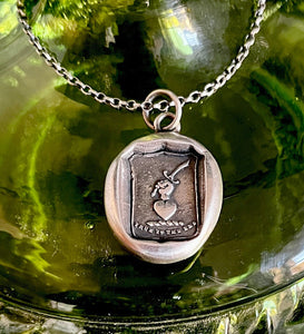 True to the end. Fight for love.  Antique wax letter seal impression. Sterling silver meaningful pendant.