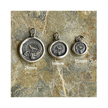 Load image into Gallery viewer, Medium, God Feeds the Ravens 19mm sterling silver antique wax letter seal. Religious pendant featuring a crow or raven   (A01-1)