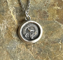 Load image into Gallery viewer, Medium, God Feeds the Ravens 19mm sterling silver antique wax letter seal. Religious pendant featuring a crow or raven   (A01-1)