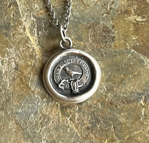 Medium, God Feeds the Ravens 19mm sterling silver antique wax letter seal. Religious pendant featuring a crow or raven   (A01-1)