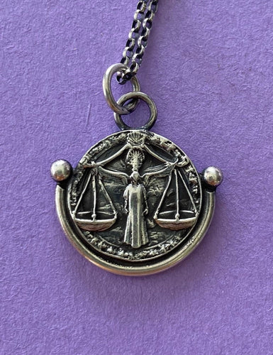 Libra handmade sterling silver pendant. Zodiac sign coin necklace.