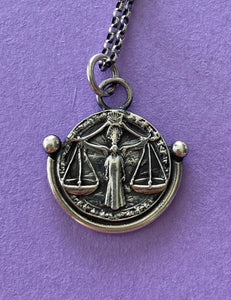 Libra handmade sterling silver pendant. Zodiac sign coin necklace.