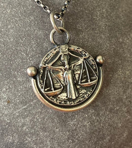 Libra handmade sterling silver pendant. Zodiac sign coin necklace.