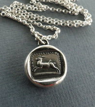 Load image into Gallery viewer, Pain causes me to flee, sterling silver necklace, amulet, pendant,  antique wax seal pendant, sterling silver, handmade , stag, or deer.