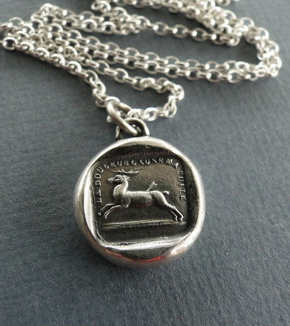 Pain causes me to flee, sterling silver necklace, amulet, pendant,  antique wax seal pendant, sterling silver, handmade , stag, or deer.